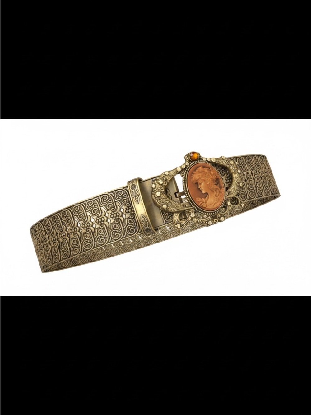 Antique Gold Filigree Women's Belt with Cameo Accent